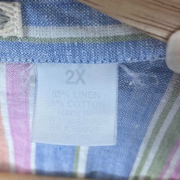 Vintage 2X Women's Rainbow Pastel Button Down Top Collar Striped Linen - Picture 8 of 9